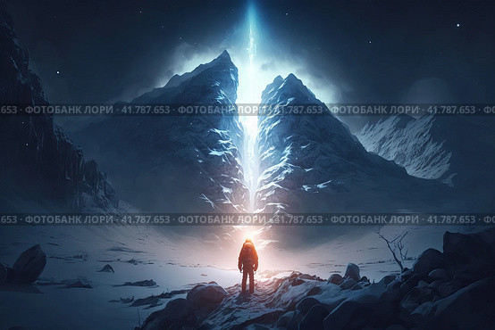 Epic winter arctic landscape. A man stands on a rock and looks into the distance at the mountains. Polar night, stars in the sky. A traveler on a hike in the majestic northern nature. Generative AI. Стоковое AI-изображение, AI-художник Андрей Степанов / Фотобанк Лори