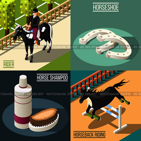 Equestrian sport 2x2 design concept set of horse shampoo horseshoe rider and horseback riding isometric square icons vector illustration. Equestrian Sport 2x2 Design Concept. Стоковая иллюстрация, агентство Ingram Publishing / Фотобанк Лори