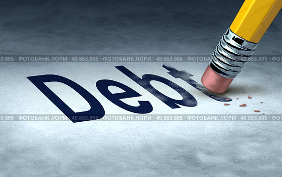 Erasing debt concept with a pencil and eraser eliminating the icon for owing money in credit cards or car payments and mortgages and managing a solution out of bankrupcy and into financial success. Стоковое фото, агентство Ingram Publishing / Фотобанк Лори