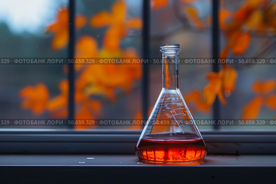 Erlenmeyer flask containing orange liquid sitting on windowsill with autumn leaves background. Стоковое AI-изображение, AI-художник Иван Рябоконь / Фотобанк Лори