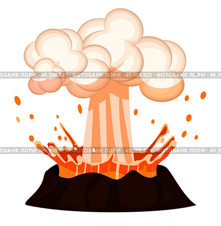 Erupting liquid drains splashing out burning volcano on white background. Strong flow of effluent red-hot lava, white clouds over top of brown stone. Vector illustration of geological making.. Erupting Liquid Drop Splashing out Burning Volcano. Стоковая иллюстрация, агентство Ingram Publishing / Фотобанк Лори