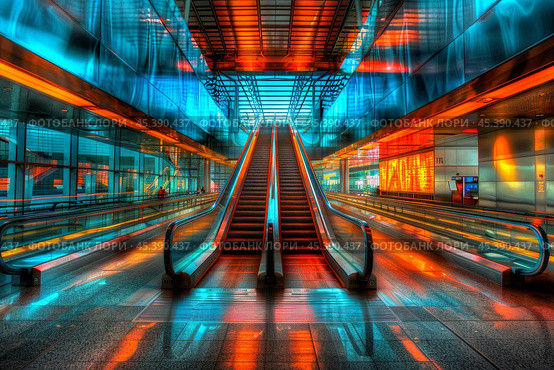 Escalators leading to futuristic destination with orange and blue lights. Стоковое AI-изображение, AI-художник Иван Рябоконь / Фотобанк Лори
