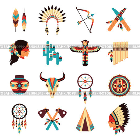 Ethnic american idigenous tribal amulets and symbols icons collection  with native feathers headdress abstract isolated vector illustration. Стоковая иллюстрация, агентство Ingram Publishing / Фотобанк Лори