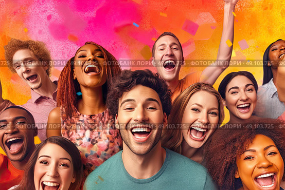 Euphoria Unleashed: group of people, mouths agape, in an awe-inspiring display of astonishment and collective wonderment. Стоковое AI-изображение, AI-художник Данила Большаков / Фотобанк Лори