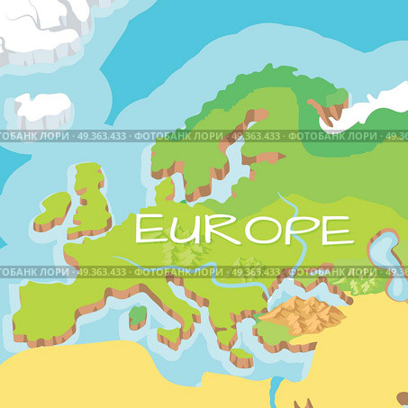 Europe mainland cartoon relief map with mountains, climate zones, rivers, seas and island flat vector illustration. Topographic or physical atlas. Geographic concept for children book illustrating. Europe Mainland Vector Cartoon Relief Map  . Europe Mainland Vector Cartoon Relief Map  . Стоковая иллюстрация, агентство Ingram Publishing / Фотобанк Лори