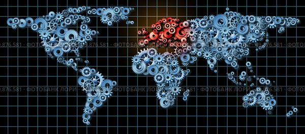 European economy business concept with a world map made of gears and cogs with Europe highlighted in red as an idea of economic growth and financial success in countries as England France Germany Italy Spain. Стоковое фото, агентство Ingram Publishing / Фотобанк Лори