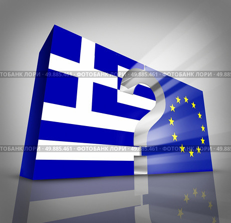 European Greece questions or Greek debt crisis and austerity management concept as a three dimensional blue and white flag and European Union symbol with a question mark in between as an Athens financial economy metaphor. Стоковое фото, агентство Ingram Publishing / Фотобанк Лори