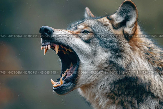European grey wolf showing teeth growling aggressively. Стоковое AI-изображение, AI-художник Иван Рябоконь / Фотобанк Лори