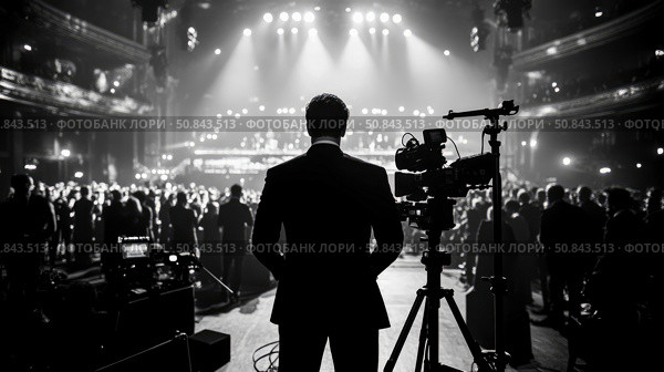 Event coverage: Silhouette of a man in suit overseeing stage production, capturing performance, show broadcast with camera crew at theater. Стоковое AI-изображение, AI-художник Данила Большаков / Фотобанк Лори