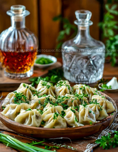Every year on February 18, some countries celebrate a delicious gastronomic holiday, namely, Pelmeni Day. Pelmeni is a dish in the form of boiled products made from fresh dough with a filling of minced meat or fish. Enjoy your meal! Стоковое AI-изображение, AI-художник Сергей Елизарьев / Фотобанк Лори