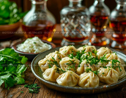 Every year on February 18, some countries celebrate a delicious gastronomic holiday, namely, Pelmeni Day. Pelmeni is a dish in the form of boiled products made from fresh dough with a filling of minced meat or fish. Enjoy your meal! Стоковое AI-изображение, AI-художник Сергей Елизарьев / Фотобанк Лори