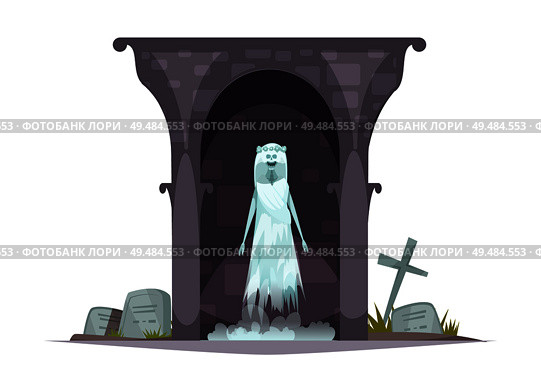 Evil graveyard specter cartoon character composition with scary ghost appearance in grim haunted cemetery tomb vector illustration. Стоковая иллюстрация, агентство Ingram Publishing / Фотобанк Лори
