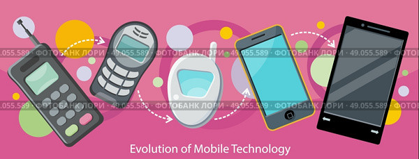 Evolution of mobile technology design flat. Communication telephone, phone modern, cell device, electronic screen, smart and invention, development digital illustration. Стоковая иллюстрация, агентство Ingram Publishing / Фотобанк Лори