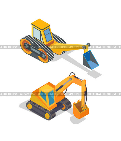 Excavator and bulldozer industrial machinery icons vector. Loader with shovel, excavation machine, backhoe device. Loader mechanical dredger mechanism. Excavator and Bulldozer Industrial Machinery Icons. Стоковая иллюстрация, агентство Ingram Publishing / Фотобанк Лори