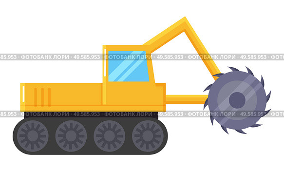 Excavator machine for coal mining industry. Yellow industrial truck used to digging and dredging earth. Mechanic actions in quarry of bulldozer or backhoe. Vector illustration of excavation in flat. Yellow Excavator Machine for Coal Mining Industry. Стоковая иллюстрация, агентство Ingram Publishing / Фотобанк Лори