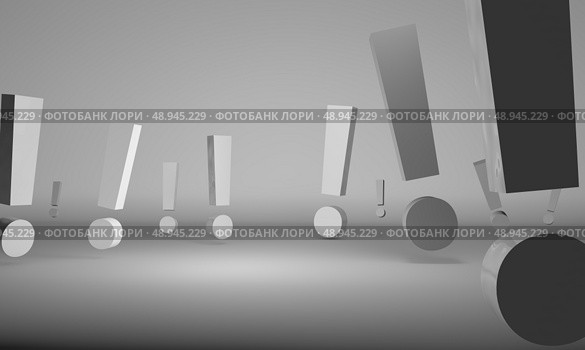 Exclamation signs in chrome over pure white background. Стоковое фото, агентство Ingram Publishing / Фотобанк Лори