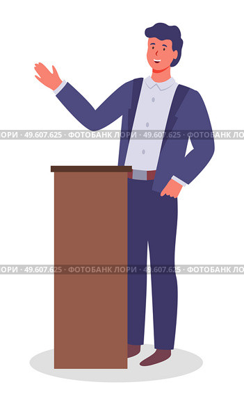 Executive man waving hand, greeting, show presentation, talking from tribune, office worker in costume. Businessman at conference. Portrait of guy telling, gesture. Cartoon character in flat style. Executive man waving hand, greeting, show presentation, talking from tribune, office worker in suit. Стоковая иллюстрация, агентство Ingram Publishing / Фотобанк Лори