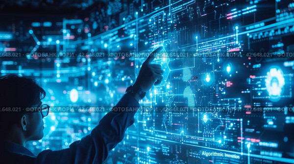 Executives collaborate on a project, utilizing sophisticated algorithms and AI-powered tools to devise. Стоковое AI-изображение, AI-художник Юлия Гапеенко / Фотобанк Лори