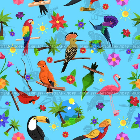 Exotic bird colorful seamless pattern with toucan flamingo and arara vector illustration. Bird Seamless Pattern. Стоковая иллюстрация, агентство Ingram Publishing / Фотобанк Лори