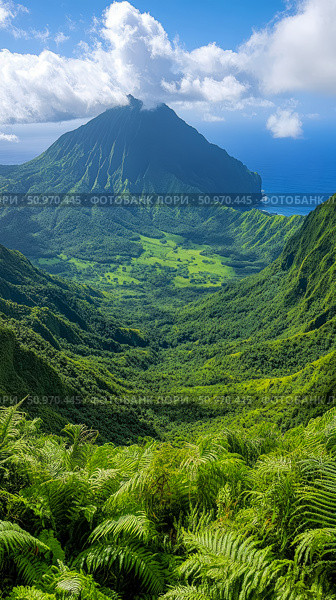 Expansive tropical landscape revealing a deep, verdant valley filled with ancient ferns, culminating in a towering volcanic peak meeting the vast blue ocean under a partly cloudy sky. Стоковое AI-изображение, AI-художник Данила Большаков / Фотобанк Лори