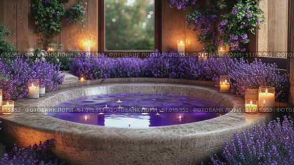 Experience a tranquil escape in a garden adorned with purple flowers and soft candlelight, perfect for relaxation and rejuvenation. Стоковое AI-видео, аниматор Данила Большаков / Фотобанк Лори