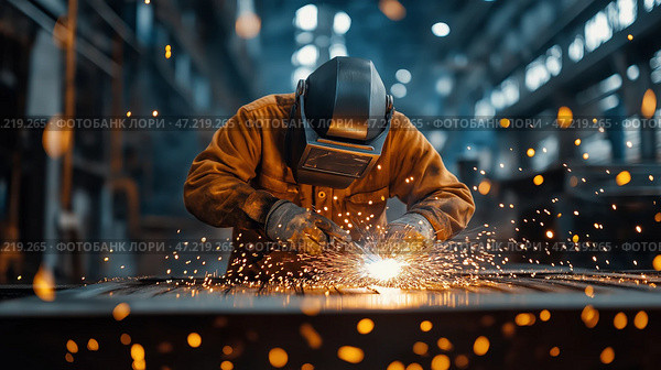 Experienced factory worker welds metal parts while sparks fly in a busy industrial setting during daylight hours. Опытный рабочий сваривает металлические детали, а искры летят в светлое время суток на оживленном производстве. Стоковое AI-изображение, AI-художник Katsiaryna Repich / Фотобанк Лори