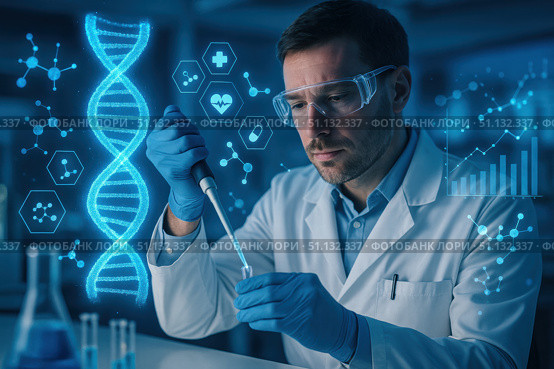Experienced Scientist Conducting Advanced Gene Research with High-Tech Innovations in a Modern Laboratory Setting, Focusing on DNA Analysis and Biotechnology. Стоковое AI-изображение, AI-художник Башкирова Анна / Фотобанк Лори