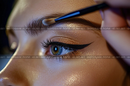 Expert makeup artist enhances brows and eye makeup for a flawless look at a beauty salon. Стоковое AI-изображение, AI-художник Сергей Толмачёв / Фотобанк Лори