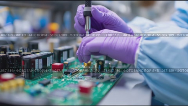 Expert technician soldering components on a circuit board in a high-tech electronics lab. Стоковое AI-видео, аниматор Сергей Толмачёв / Фотобанк Лори
