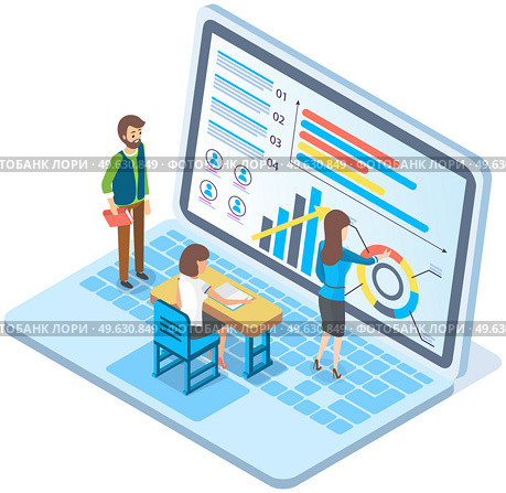 Expert worker evaluate statistics looking and discussing about business infographic on screen. Concepts for business analysis and planning consulting team work. Financial research with data indicators. Expert worker evaluate statistics people looking and discussing about business infographic on screen. Стоковая иллюстрация, агентство Ingram Publishing / Фотобанк Лори
