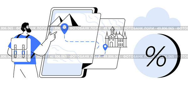 Explorer pointing at tablet showing routes to mountains and castles, indicating landmarks with location pins. Cloud icon and percentage symbol nearby. Ideal for travel guides, navigation, adventure. Explorer with Backpack Using Tablet Map for Navigating Routes to Mountains and Castles, with Cloud and Percentage Symbol. Стоковая иллюстрация, агентство Ingram Publishing / Фотобанк Лори
