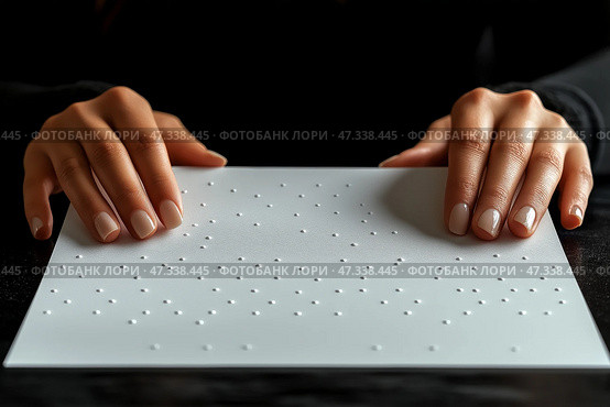 Exploring braille with a gentle touch in a quiet setting. Рука человека деликатно обводит рельефные точки на книге со шрифтом Брайля, демонстрируя важность тактильного чтения. Теплое освещение усиливает безмятежную атмосферу этого просветительского момента. Стоковое AI-изображение, AI-художник Katsiaryna Repich / Фотобанк Лори