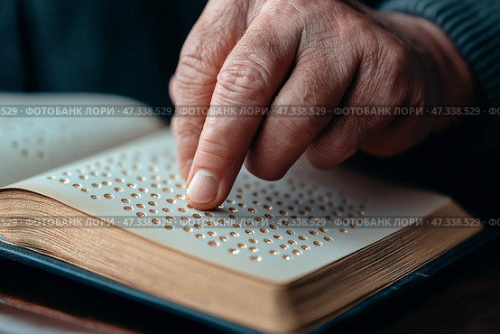 Exploring braille with a gentle touch in a quiet setting. Рука человека деликатно обводит рельефные точки на книге со шрифтом Брайля, демонстрируя важность тактильного чтения. Теплое освещение усиливает безмятежную атмосферу этого просветительского момента. Стоковое AI-изображение, AI-художник Katsiaryna Repich / Фотобанк Лори