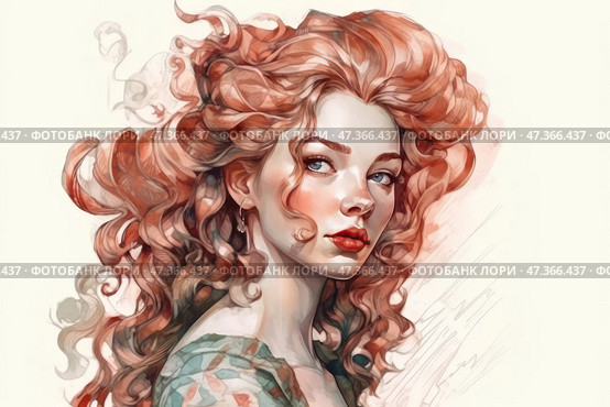 Expressive portrait of a young woman with lush, wavy reddish-copper hair, as if living its own life. Her skin is fair, her lips are scarlet, and her eyes are cold-blue, intent, a little thoughtful. The image is made in the style of digital painting, with smooth watercolor transitions and graphic lines, giving the work lightness and artistic completeness. The woman is dressed in clothes with a pattern inspired by historical or fantasy style. Her gaze is turned to the viewer - confident, independent, full of inner strength. Стоковое AI-изображение, AI-художник Анна Кривицкая / Фотобанк Лори