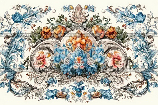 Exquisite floral pattern made in a decorative style. In the center of the composition is a bouquet of flowers of various shades: blue, orange, pink and white. Around the central bouquet are ornate patterns including curls and leaves, done in pastel colors with accents of blue and taupe. Each element of the design is drawn in detail, creating a feeling of lightness and grace. The overall composition is reminiscent of a classic pattern that can be used to decorate textiles, wallpaper or other decorative items. Стоковое AI-изображение, AI-художник Анна Кривицкая / Фотобанк Лори