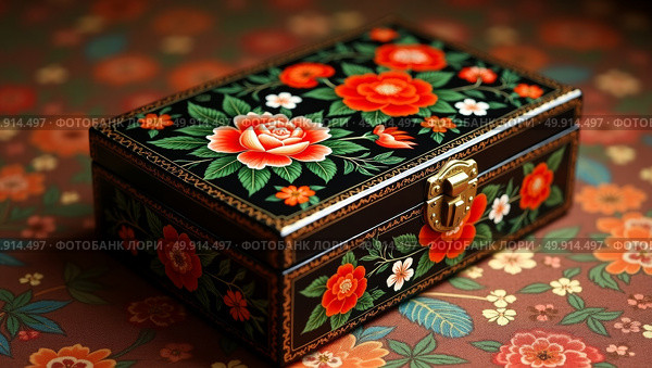Exquisite ornate black lacquered box with colorful floral designs and gold detailing on elegant fabric background. Стоковое AI-изображение, AI-художник Андрей Бакусов / Фотобанк Лори
