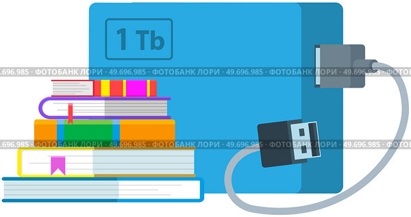 External hard disk drive with USB cable isolated on white. Portable extern HDD. Memory drive vector illustration, flash drive. Modern technologies storing information on mobile electronic devices. External hard disk drive with USB cable isolated. Portable extern HDD. Memory drive, flash drive. Стоковая иллюстрация, агентство Ingram Publishing / Фотобанк Лори