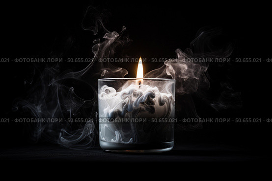 Extinguished candle emitting smoke in glass jar on black background. Стоковое AI-изображение, AI-художник Иван Рябоконь / Фотобанк Лори