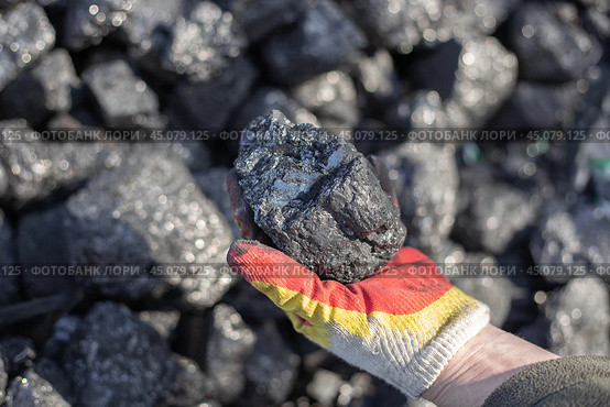 Extraction of mineral resources of hard coal. A man holds in his hand a large piece of coal, mineral fuel for home stoves and boilers in a country house. Стоковое фото, фотограф Коханова Наталья / Фотобанк Лори