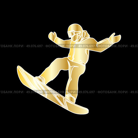 Extreme sport snowboard design. Snow and snowboard jump, snowboard isolated, surfing and winter, cold and mountain, speed board, season snowboarding, snowboarder illustration. Gold on black. Стоковая иллюстрация, агентство Ingram Publishing / Фотобанк Лори