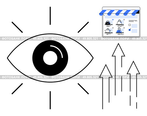 Eye symbol represents vision, with upwards arrows indicating growth. Webpage with analytics portrays online strategy. Ideal for business growth, marketing, vision, strategy, analytics, online. Visionary Business Strategy and Online Growth with Digital Marketing Insights. Стоковая иллюстрация, агентство Ingram Publishing / Фотобанк Лори