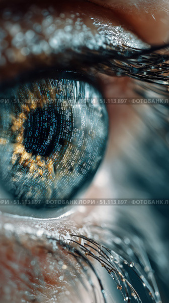 Eye With Binary Code Shows Technology Merging With Humanity in Detailed Close-Up. Стоковое AI-изображение, AI-художник Юлия Гапеенко / Фотобанк Лори