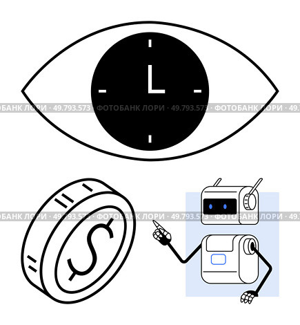 Eye with embedded clock dollar coin, pointing robot. Ideal for technology, finance, innovation, time management, AI, robotics, and futurism. Line metaphor. Eye with Clock, Dollar Coin, and Robot - Concept of Time, Money, and Technology Integration. Стоковая иллюстрация, агентство Ingram Publishing / Фотобанк Лори