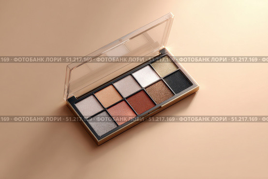 Eyeshadows set top view. Brown beige eyeshadow texture swipe on a white. Cosmetic product swatch. Crushed eye shadows palette. Shiny, matte eye shadow smears. Girly concept. Beauty brand. Fashion blog. Стоковое AI-изображение, AI-художник Марина Демидюк / Фотобанк Лори