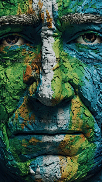 Face Art on blue-green flowers in close-up. Стоковое AI-изображение, AI-художник Ярославский Максим / Фотобанк Лори