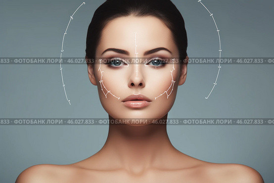 Facelift surgery concept with lifting lines demonstrating innovative rejuvenation treatment for beautiful woman. Стоковое AI-изображение, AI-художник Иван Рябоконь / Фотобанк Лори