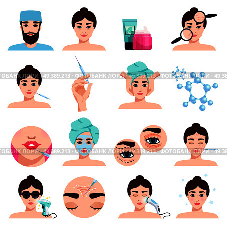 Facial rejuvenation cosmetic treatments icons collection with mask application  botox injections lips filling procedures isolated vector illustration .  Rejuvenation Treatments Set. Стоковая иллюстрация, агентство Ingram Publishing / Фотобанк Лори