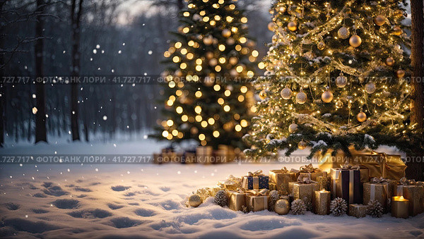 Fairy Christmas tree glows with warm fairy lights with golden decor in the forest in winter with snow, boxes with gifts are lying under fir tree. Christmas and New Year, festive mood, greeting card. AI generated. Стоковое AI-изображение, AI-художник Ольга Симонова / Фотобанк Лори