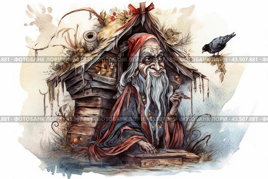 Fairy-tale grandmother in traditional Russian clothes, sitting at the porch of her wooden house. The house is decorated with dry branches, berries and a roof overgrown with moss. Grandma has long gray hair and a good-natured face with a sly smile. A black bird, possibly a crow, sits on the roof nearby. The picture is made in a watercolor style with attention to detail, creating a cozy and mystical atmosphere. Стоковое AI-изображение, AI-художник Анна Кривицкая / Фотобанк Лори