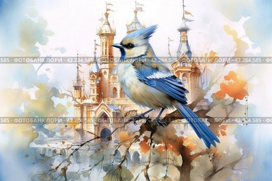 Fairytale bird on the background of the castle, book illustration style of children's fairy tales watercolor,Generative AI. Стоковое AI-изображение, AI-художник Анна Кривицкая / Фотобанк Лори